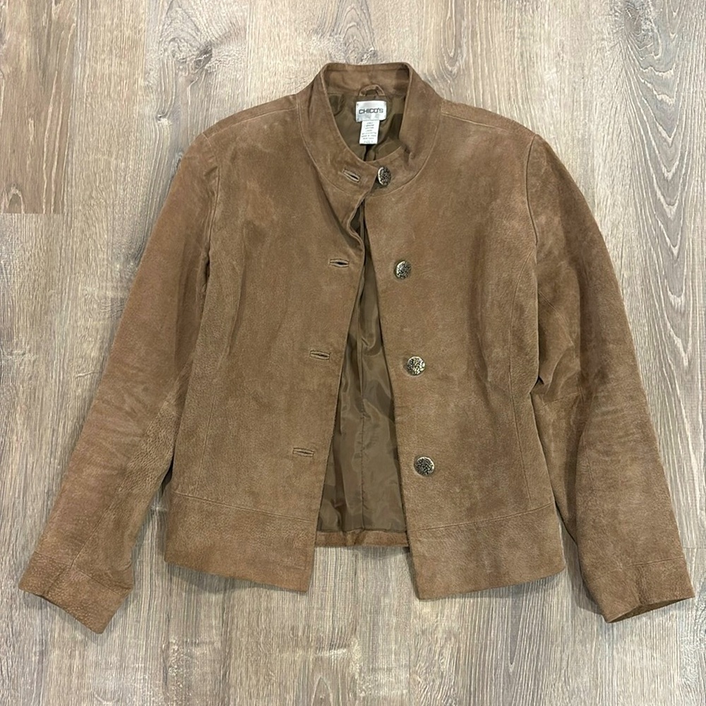 Vintage Chico’s Suede Leather Jacket Military Stand Up Collar
